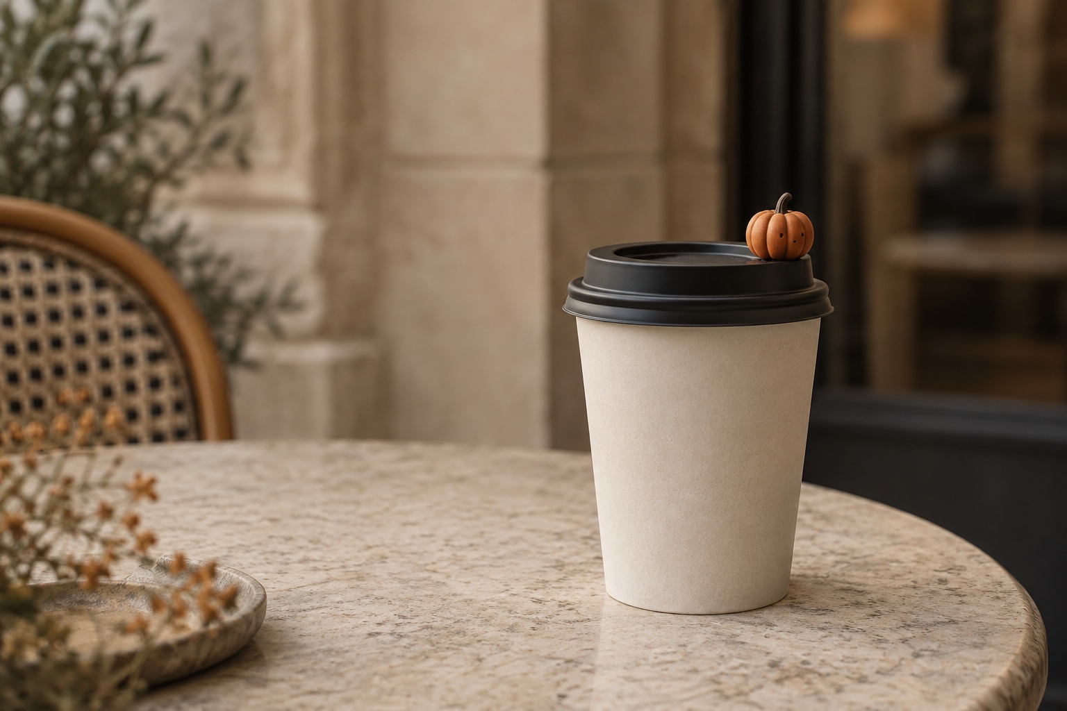 Een klein pompoenfiguurtje op het deksel van een meeneemkoffie in een rustig café